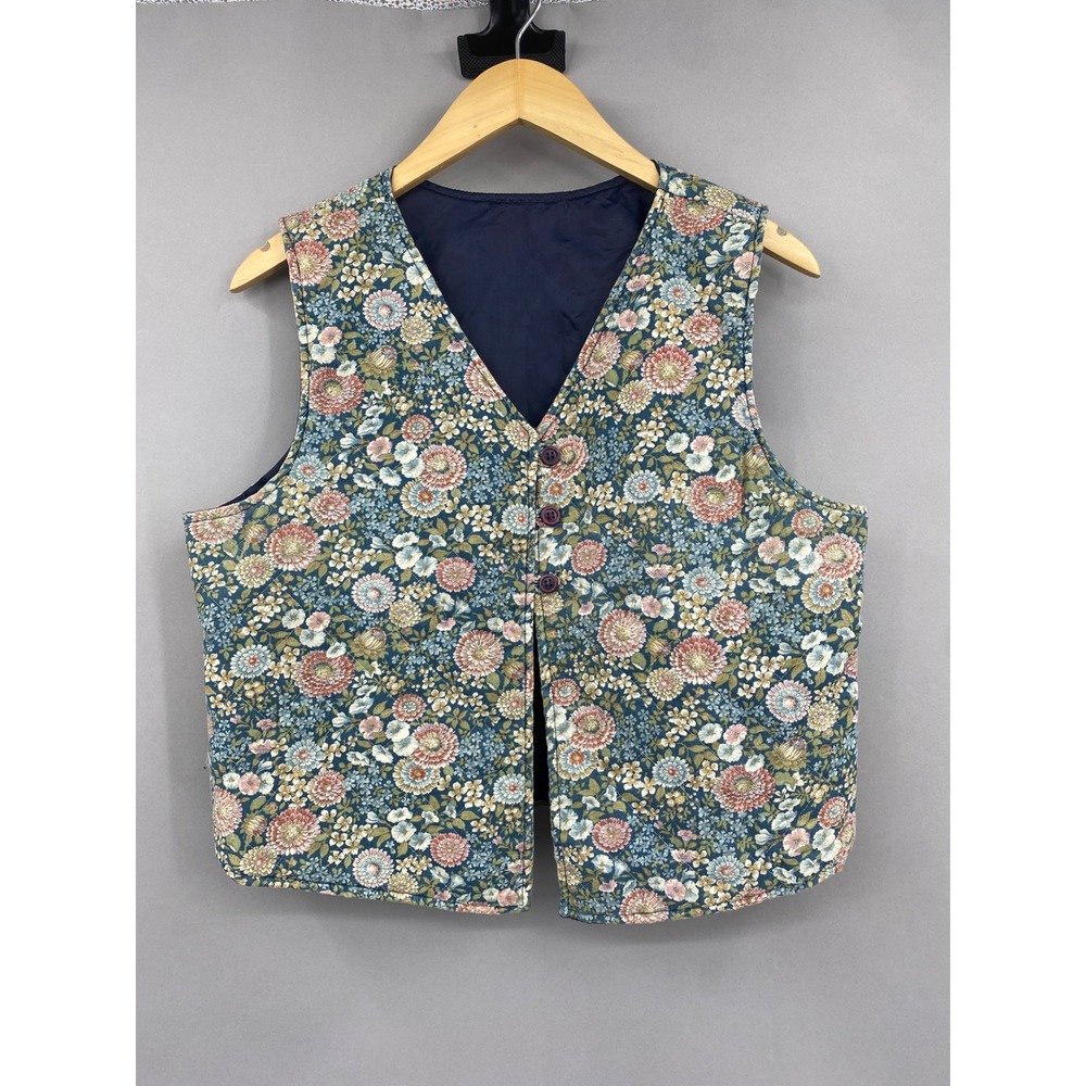 Vintage Floral Quilted Vest Women Medium Blue Pink Cottagecore Boho V-Neck